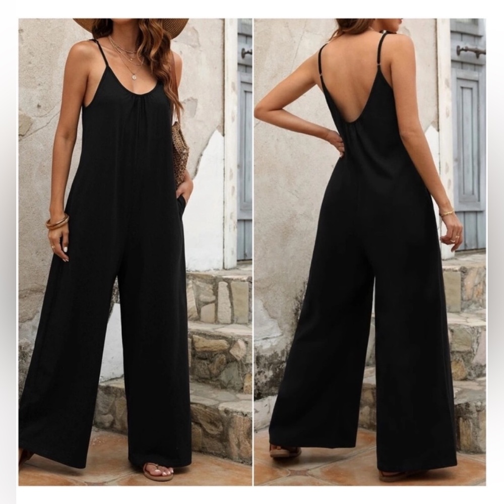 Black Bohemian Backless Loose Wide Leg Cami Ling Pant Jumpsuit Size XS NWT - Picture 3 of 7